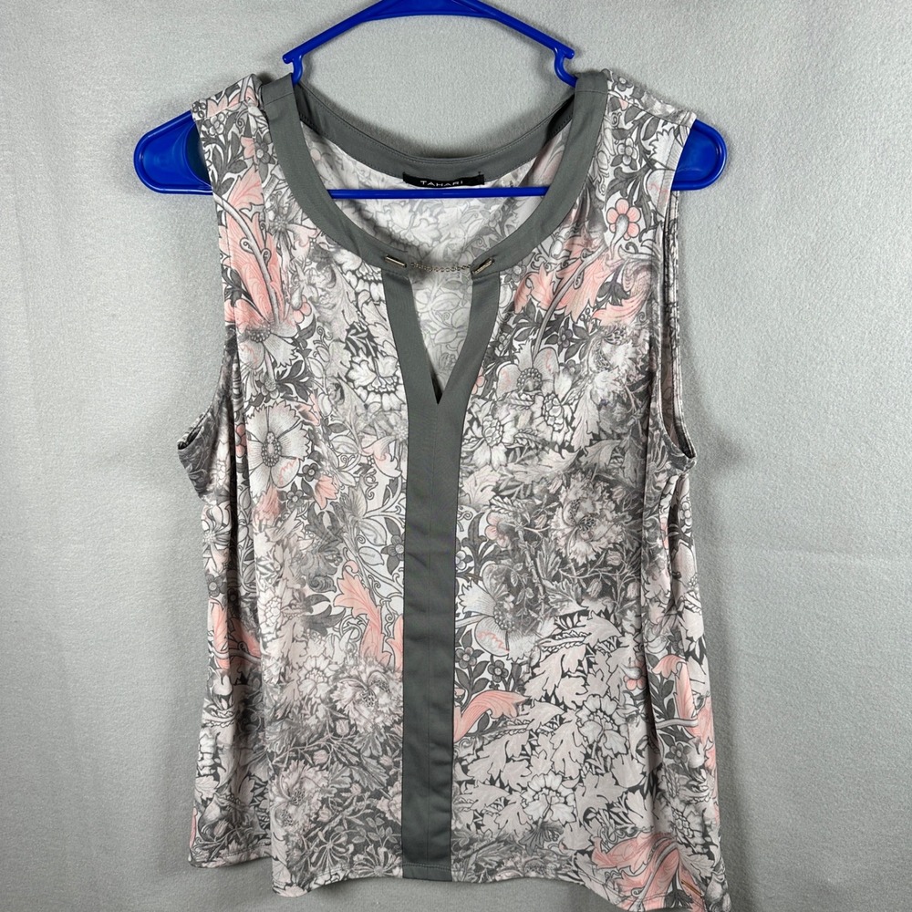 Tahari Women Grey Pink Floral Sleeveless V-Neck Blouse Top M498D507